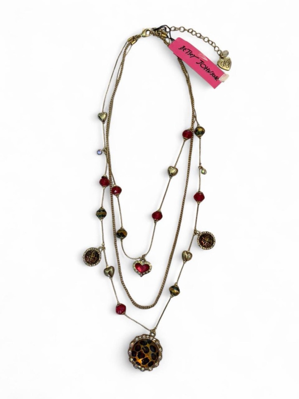Betsey Johnson Leopard/Pink Charm Layered Gold Necklace